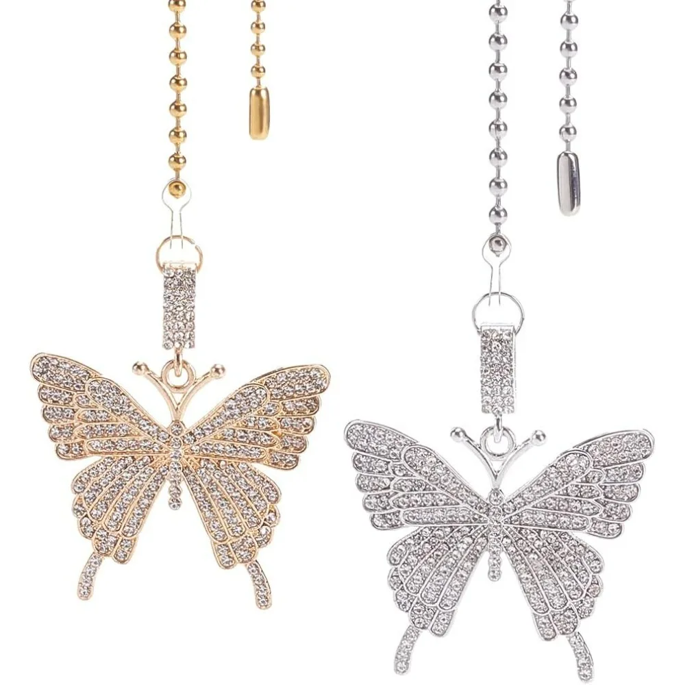 2Pcs Alloy Rhinestone Butterfly Ceiling Fan Chain Extenders with 304 Stainless Steel Ball Chain for Ceiling Light Table Lamp