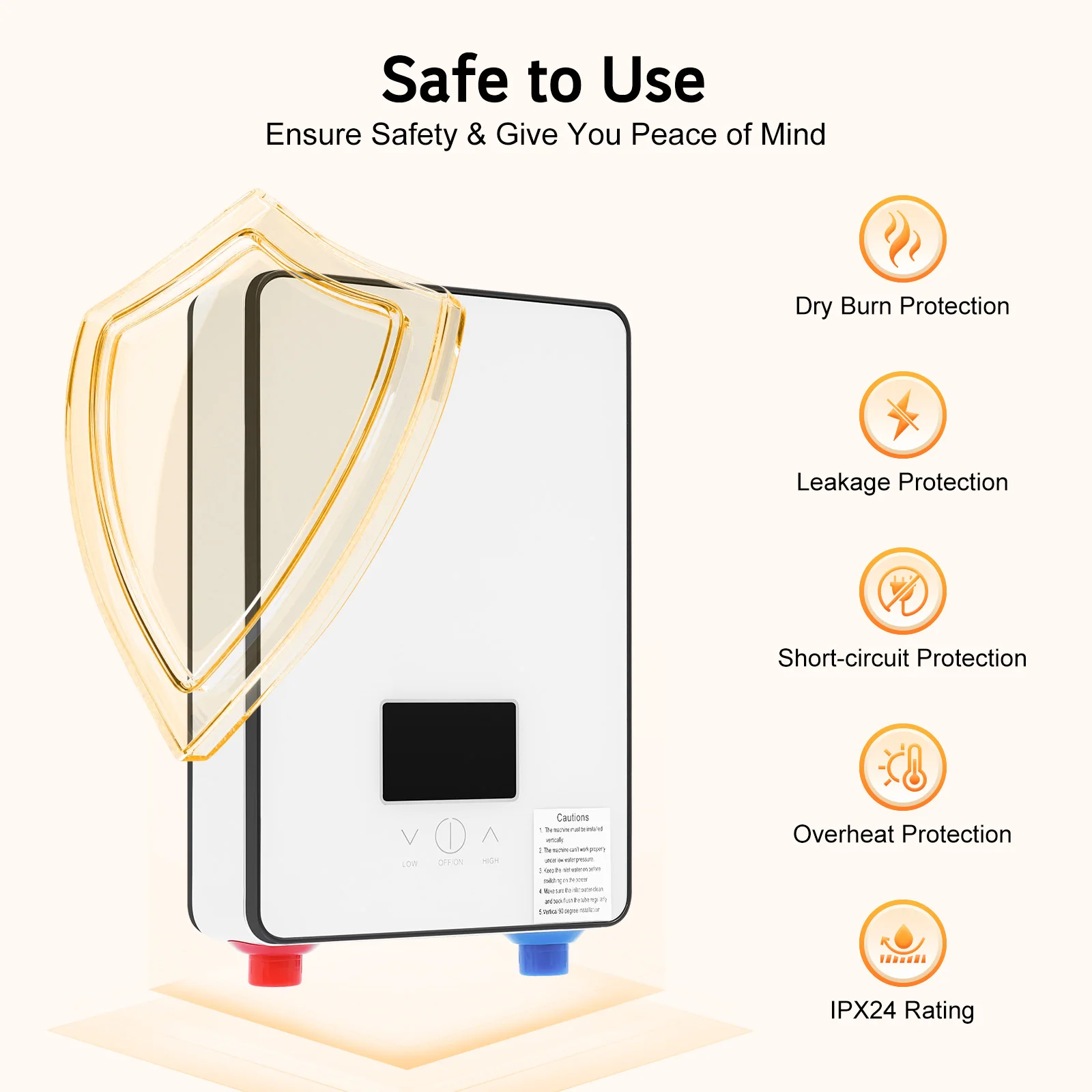 

Instantaneous Electric Water Heater White Modern Rectangle Wall-mounted Tempered Glass Stainless Steel Touch Screen LED