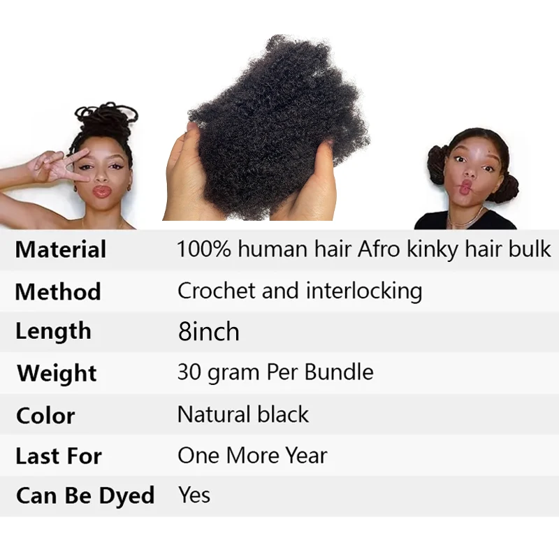 30g/Pack Afro Kinky Bulk 100% Human Hair for Braiding Crochet Braiding Hair Extensions Dreadlock Extensions Braids Hair No Weft