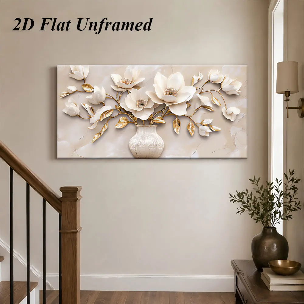 (1PC Unframe)1 modern minimalist flower frameless decorative painting, European art painting, ivory white and gold with 2D flat