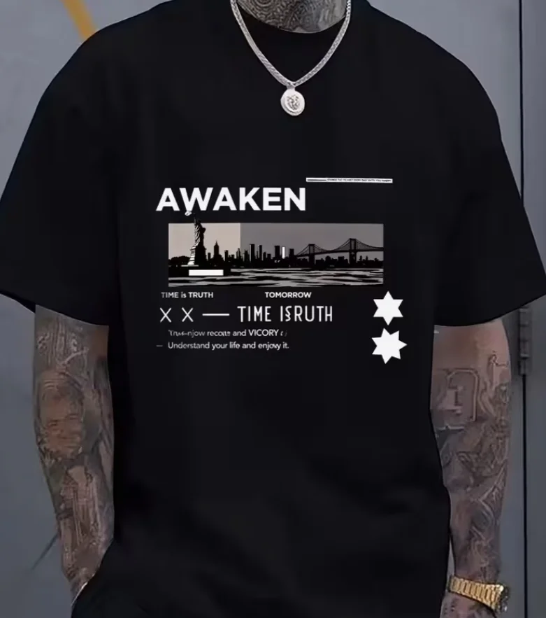 City Skyline Graphic T- Shirt Crew Neck Casual T-shirt Bridge Trendy Casual Wear Gift for Lovers Tattoo Friendly Com T- Shirt
