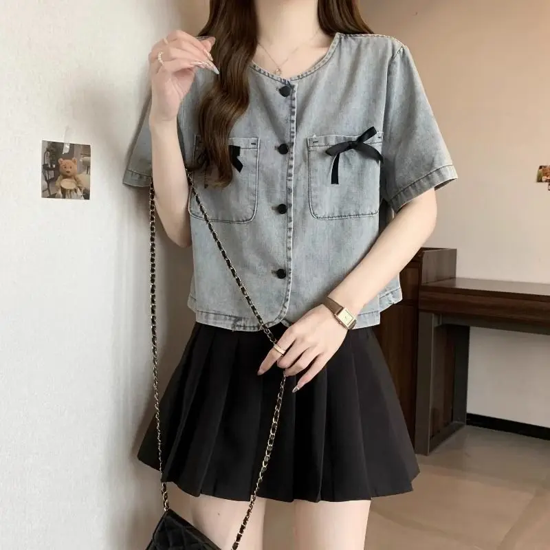 

New Style for Women's French Bow Short-sleeved Denim Shirt Fashionable Trendy Design Short Top
