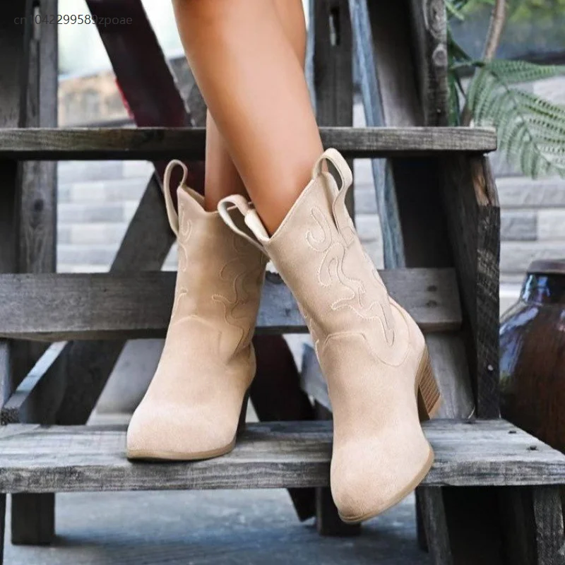 Women's Shoes New Embroidered Western Cowboy Boots Autumn Pointed Thick Heel High Knee Shoes Halloween Party Cosplay Boot 4