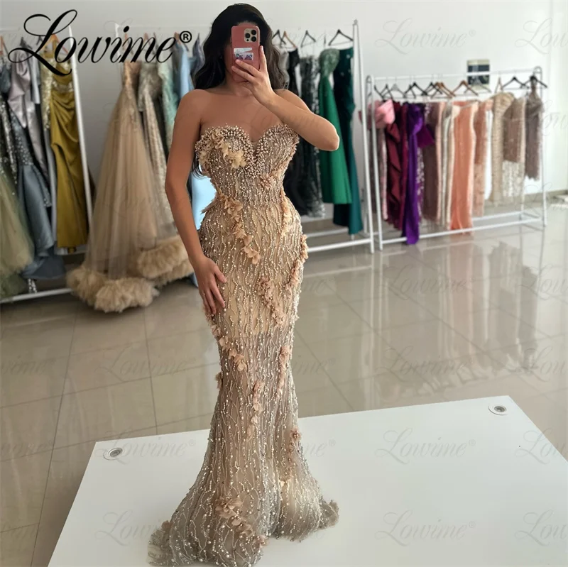 

Глубокое шампанское Русалка Пром платья 2024 Халат ручной работы Цветок из бисера Жемчуг Длинное свадебное платье Aso Ebi Арабские вечерние платья