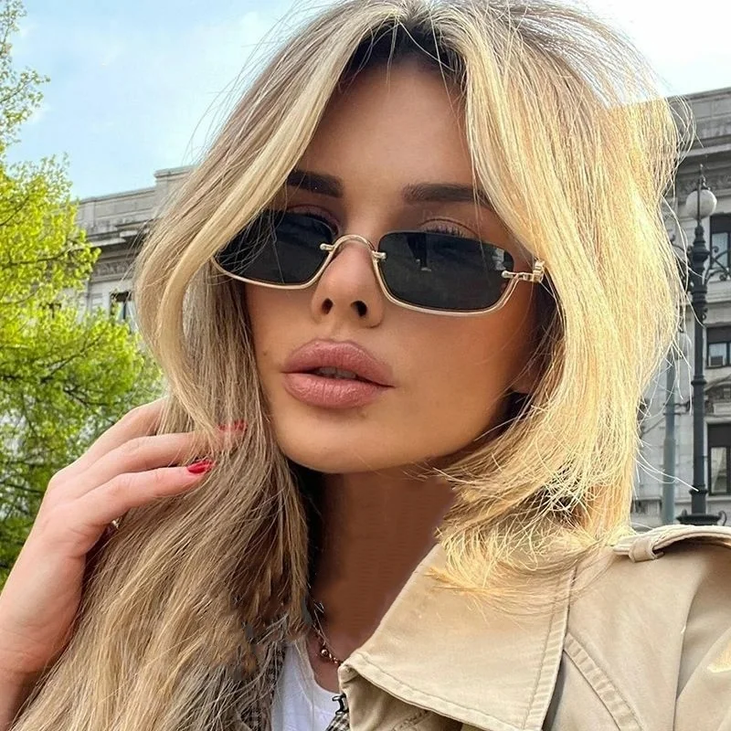 Modische Kleine Quadratische Damen-Sonnenbrille Luxusmarke Metall-Halbrahmen-Sonnenbrille Damen-Trend 2024 Vintage Schwarz Rosa Tönungen – Detail 1