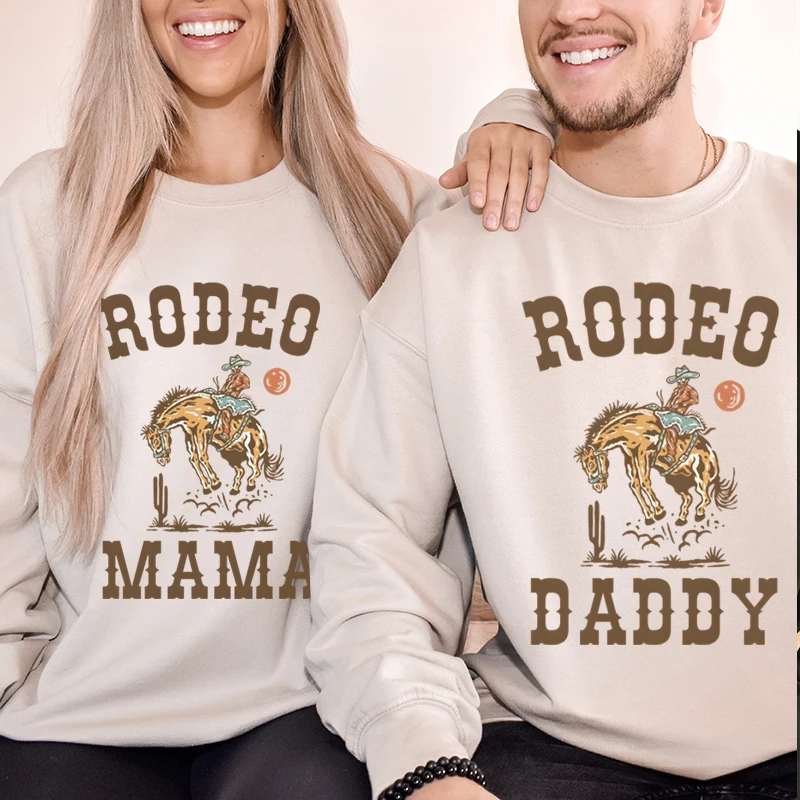 

Vintage Cowboy Style Couple Matching Clothing "Rodeo Daddy/Mama" Crewneck Long Sleeve Women Men Husband Wife Sweatshirts