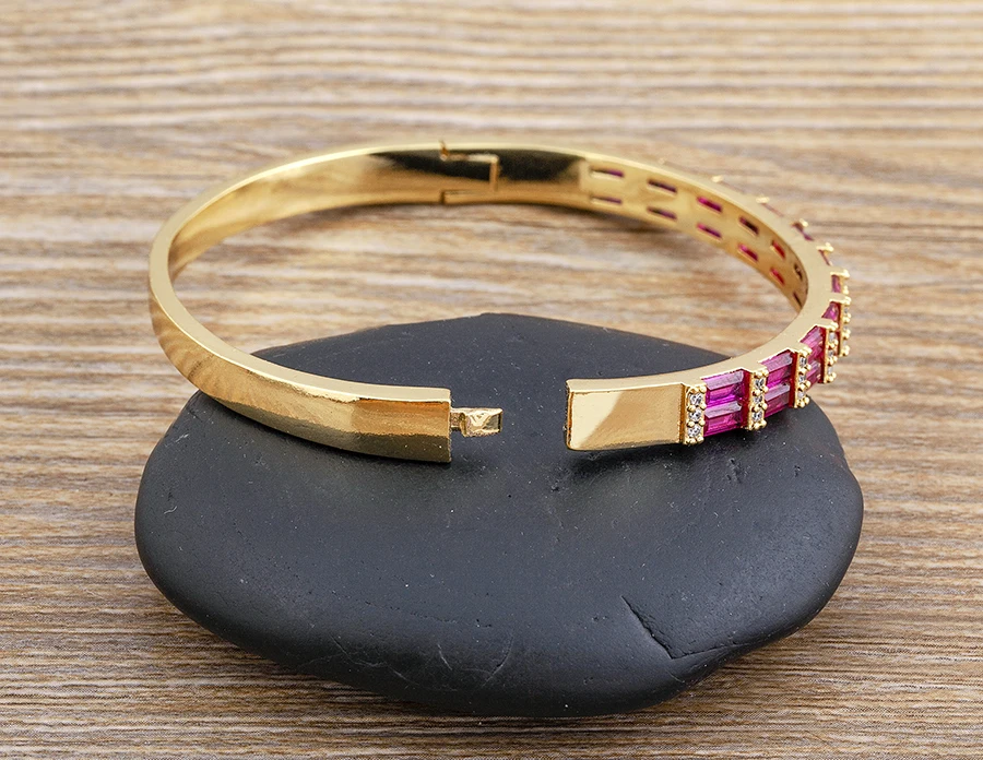 Nidin Neue Luxus Geometrische Zirkon Armband Armreifen Frauen Rosa Grün Blau Kristall Manschette Elegante Hochzeit Erklärung Schmuck – Detail 5