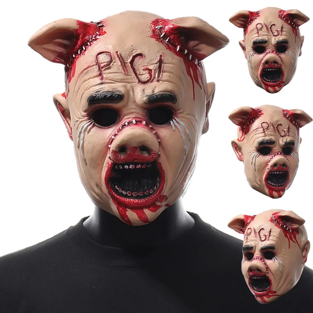 Horror Cry Pig Head Mask Cosplay Scary Bloody Demon Killer Animal Helmet Halloween Carnival Party Costume Props