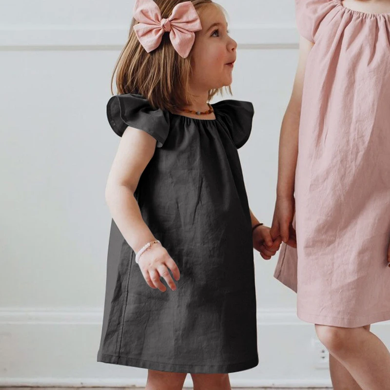 Girl's Dresses Summer New Linen Bamboo Fiber Blend Solid Color Cute Little Flying Sleeve Princess Dresses Children's Clothing