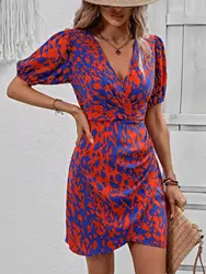 Women Ruched Sexy V- Neck Dress Y2k Club Mini Dress Summer Fashion Female Print ShortSleeve High Waist Party Dresses Vestidos