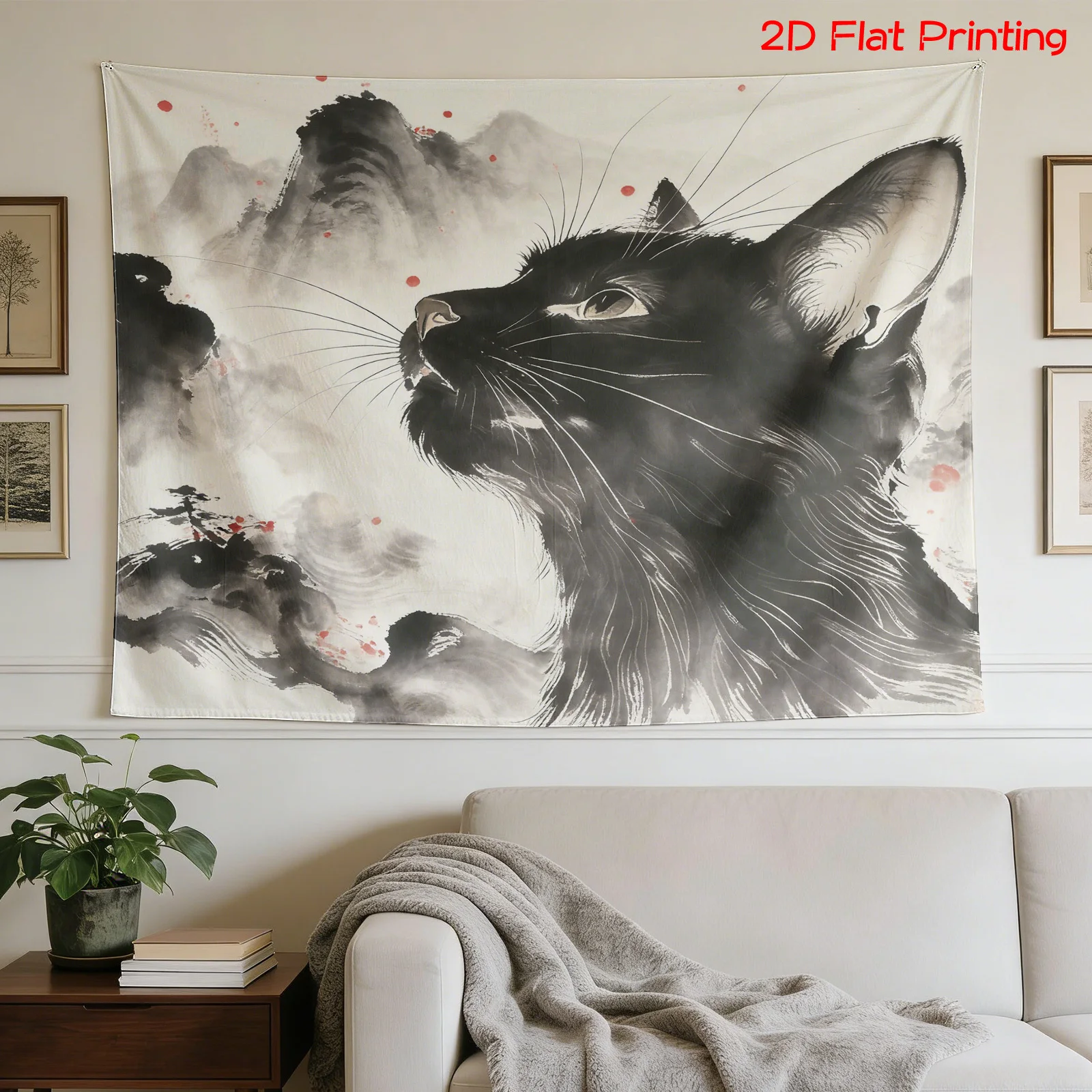 Abstract Watercolor Cat Portrait Misty Mountain Tapestry Wall Hanging Polyester Art Print Black and White Zen Living Room Home D
