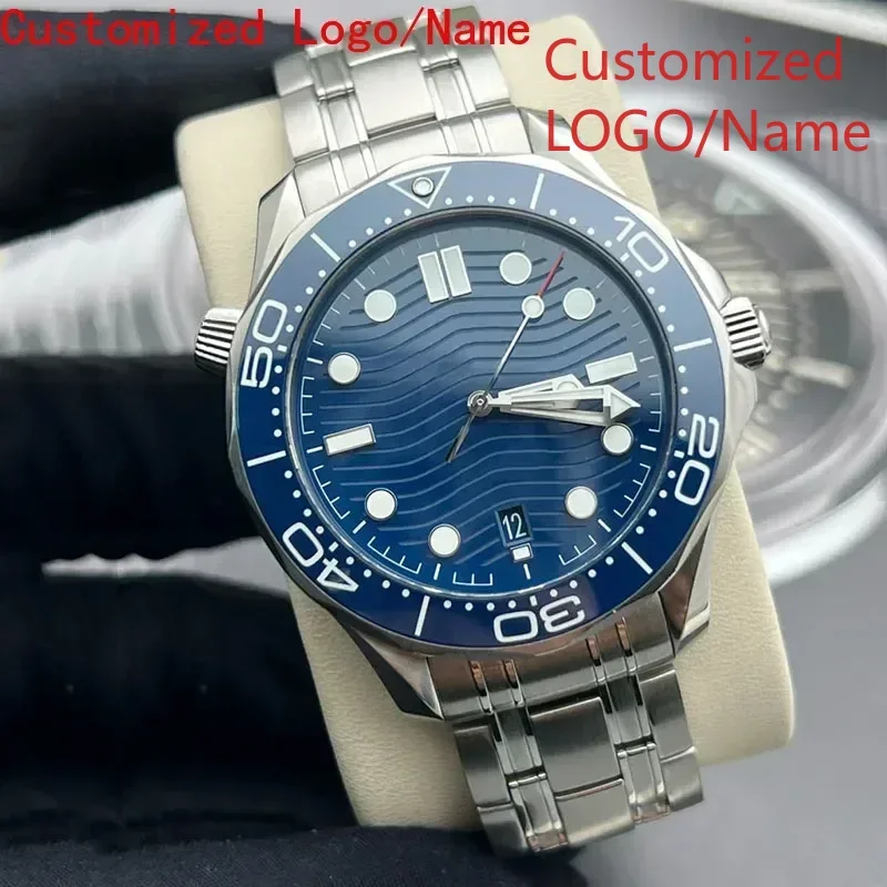 الرجال الساعات الميكانيكية التلقائية الفولاذ المقاوم للصدأ سوار عارضة التقويم الأسود الأزرق السيراميك ساعة اليد حسب الطلب
