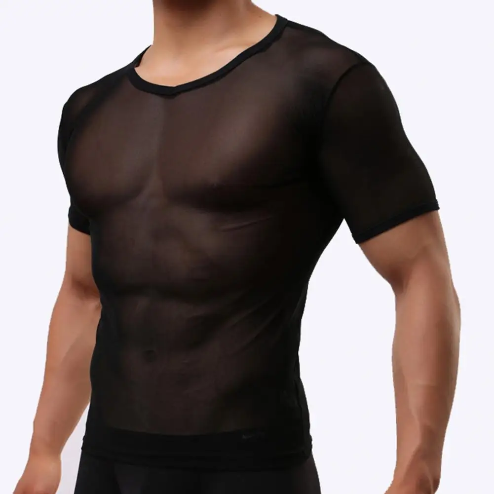 

Popular Pullover Top Slim Fit Men T-shirt Crew Neck See-through Hollow Out Mesh Sport T-shirt Cool