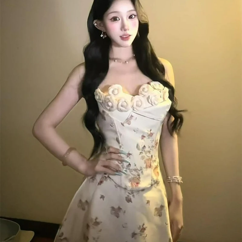 

Spring New Fashion Plus-size Cinched Short Skirt French Design Sense Heavy Three-dimensional Flower Floral Print Dress for Women