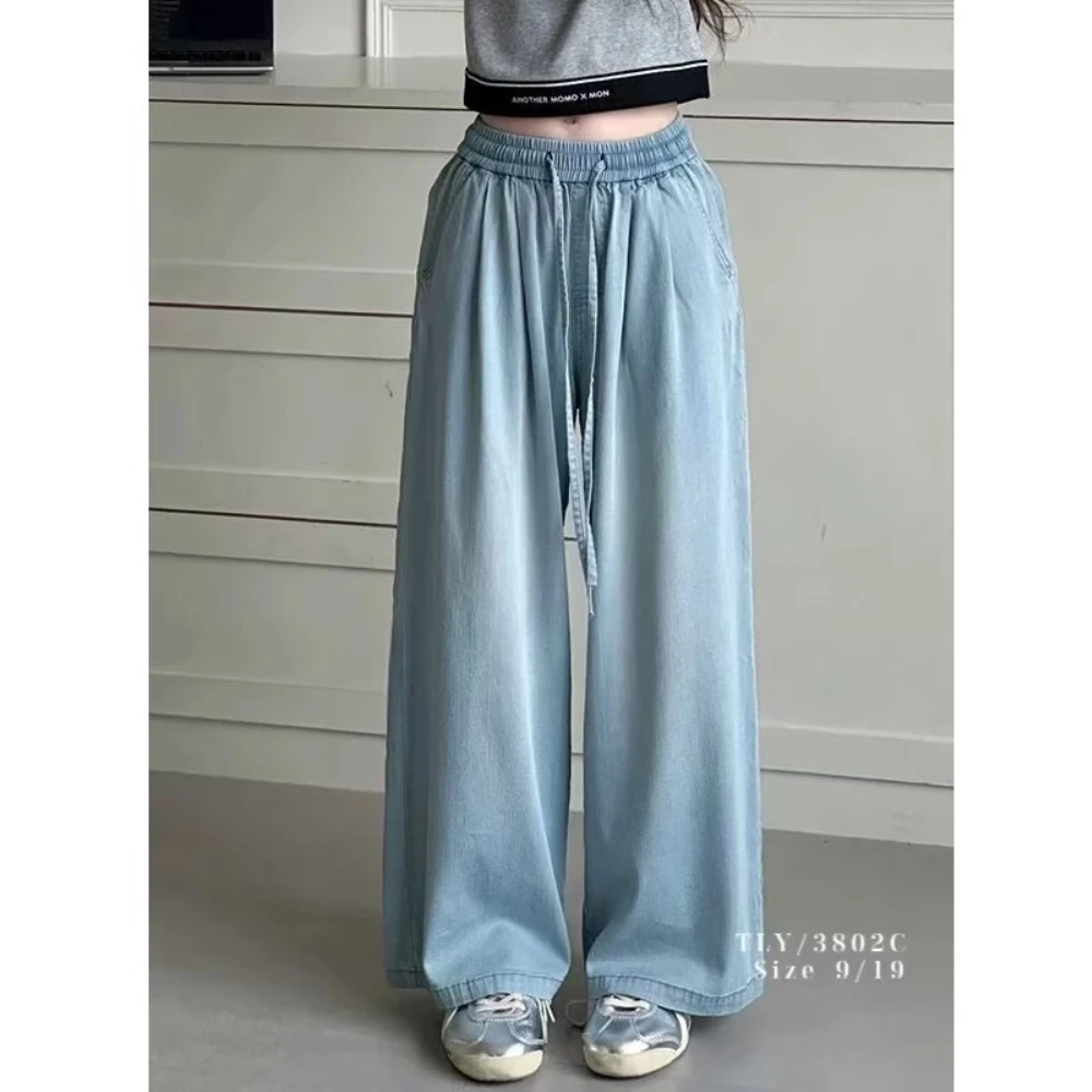 Hot sales Girls Summer Thin Jeans 2026 New Style Lyocell Cotton Straight Leg Jeans Big Kids Wide Leg Long Trousers