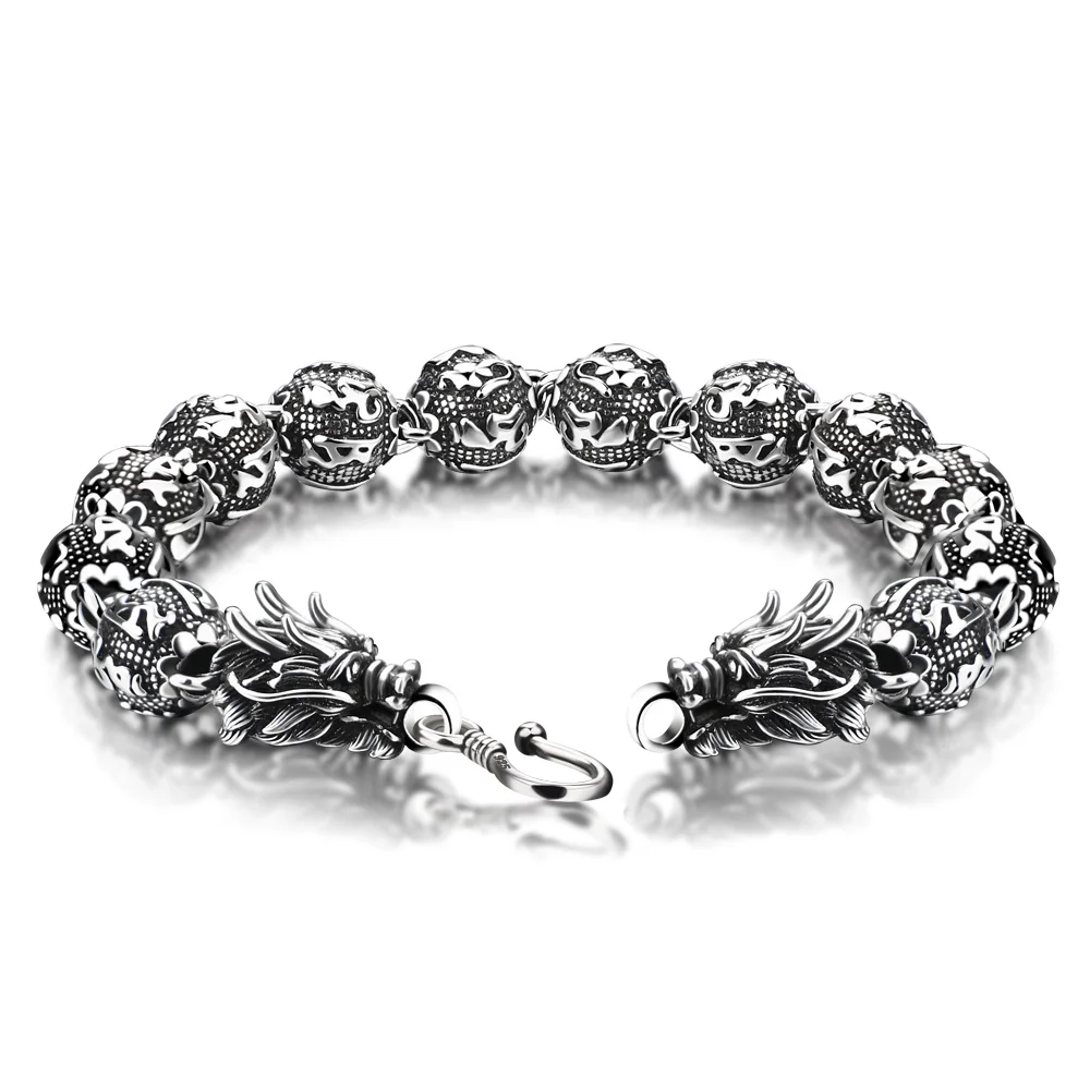 

Fashion Vintage Solid 925 Sterling Silver Curb Cuban Chain Bracelet On Hand Dragon Ball Link Chain Men Hand Jewelry Gift Party