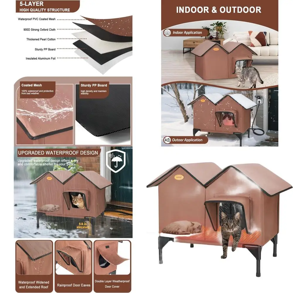 

Large Insulated Outdoor Heated Cat House, Weatherproof Shelter with Elevated Base and Escape Door for Multiple Cats, Ideal for F