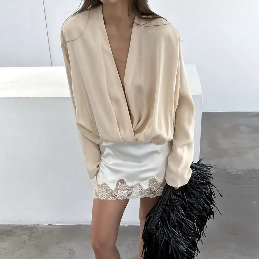 Shirt Long-sleeved Solid Color Light Luxury European and American Commuting Professional Versatile Shirt V-neck Niche Top