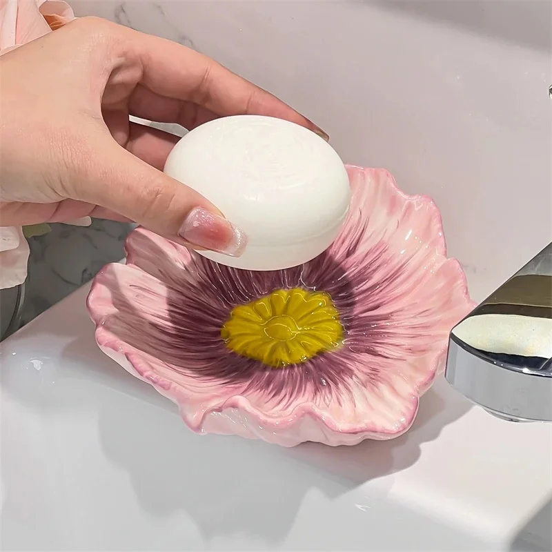 

Ceramic Flower Soap Dish Drainable Elegant Non Drip Holder For Bathroom Sink Vanity Countertop Home Luxury Gift For Women