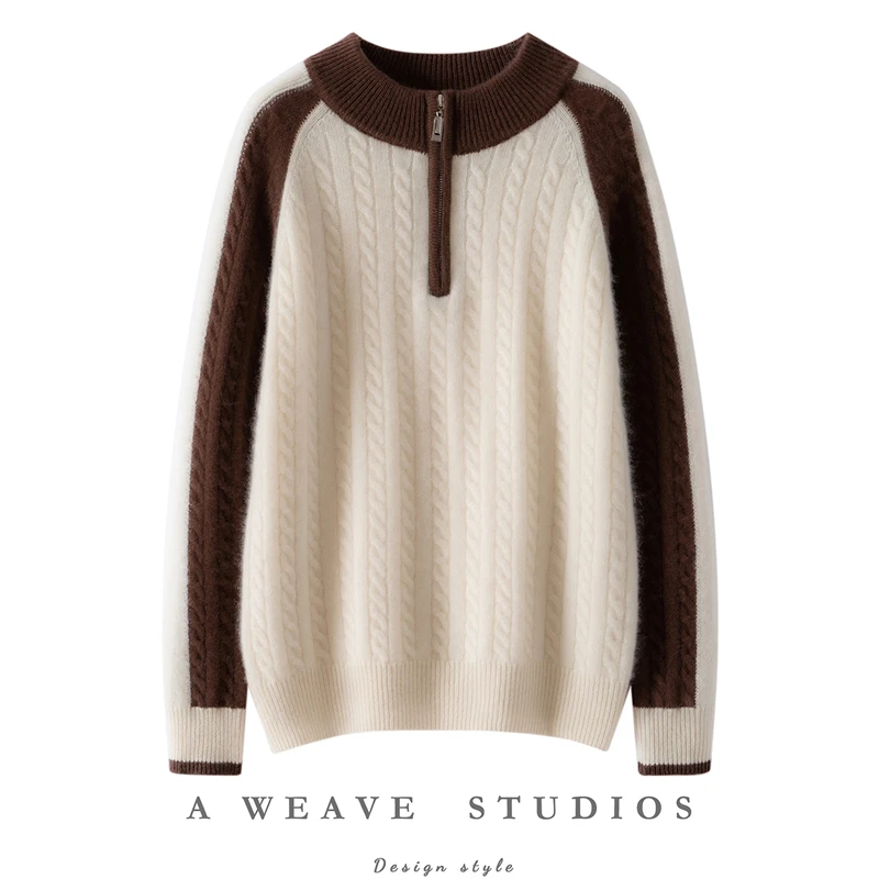 

Women Half Zipper Cashmere Sweater Twist Flower Pullover Mock Neck Autumn Winter 100% Cashmere Knitwear Color Blocking Thick Top