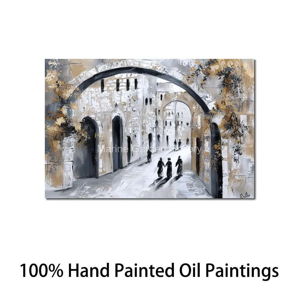 

Jerusalem Art Handmade Canvas Oil Painting Old City Arches Abstract Jewish Artwork Landscape Contemporary Living Room Decor Gift