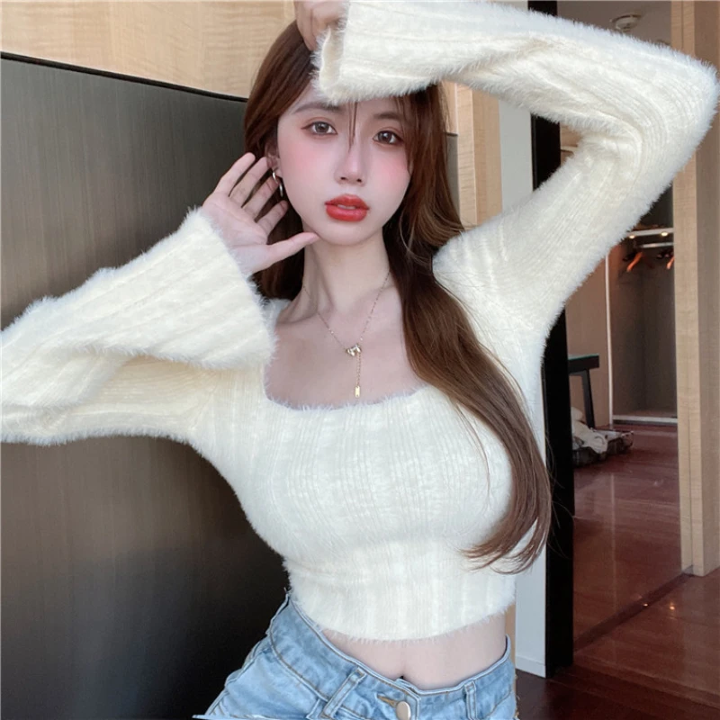 Fluffy Sweaters Women Square Collar Slim Hotsweet Aesthetic Simple Spring Autumn Ladies Stylish Leisure Popular Korean Style