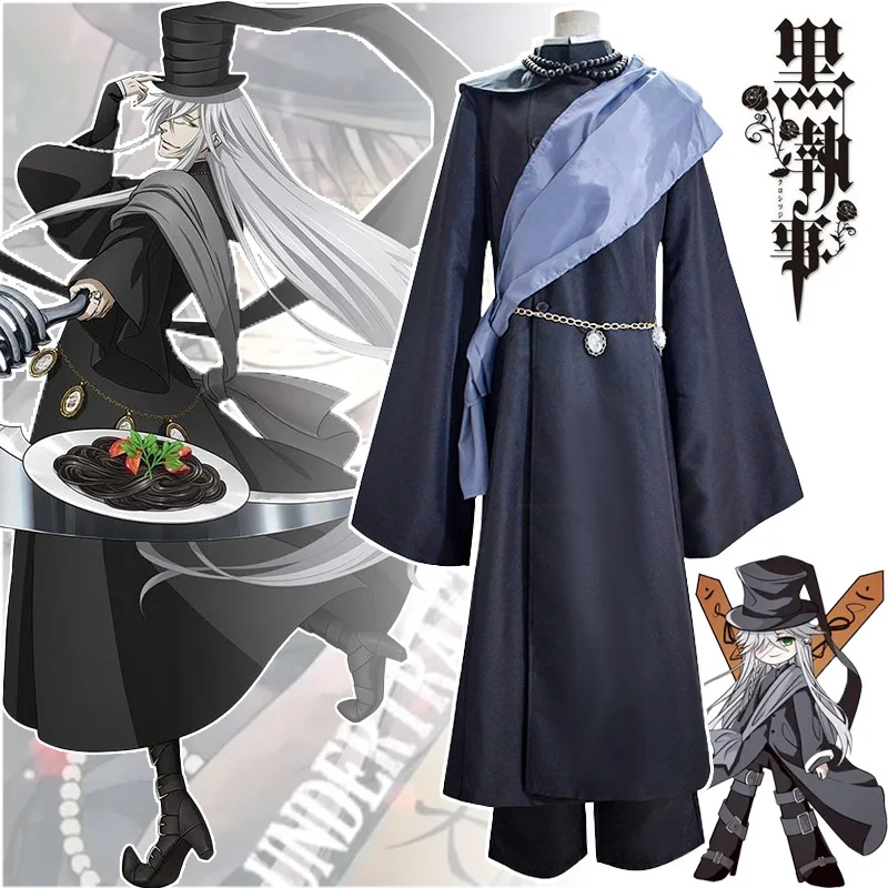

Anime Black Butler Under Taker Cosplay Costume Wig Kuroshitsuji Undertaker Adult Halloween Party Outfits with Hat