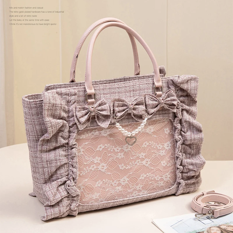 Japanese Sweet Lolita Clear Tote Bag Ruffle Trim Handbag Harajuku Kawaii Transparent Ita Bag Girls Cute Purse Display Badges