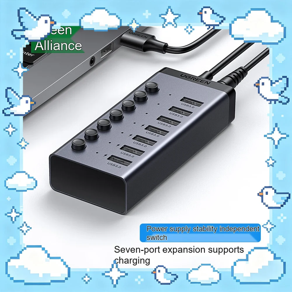 UGREEN 30778 CM481 USB 3.0 Hub 7 Port with Individual Switches 12V 2A Power Adapter USB Splitter for Laptop PC