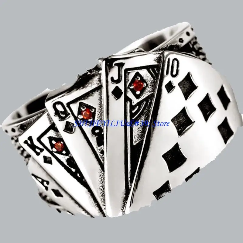 E21F Hip Hop Fashion Exaggerated Cool Opening Ring Playing Card Crystal Rings for Men Women Vintage Party Punk Jewelry