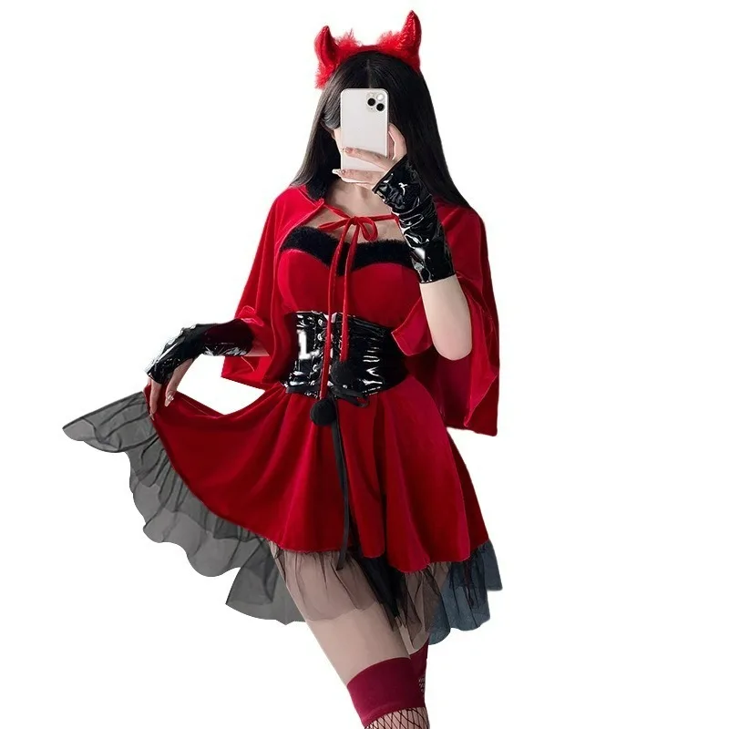 Disfraz de diablo rojo para mujer, conjunto de 6 piezas, vestido de terciopelo, atuendo para Halloween, club, cola de diablo, diadema, fiesta, juego de roles, traje para el escenario.