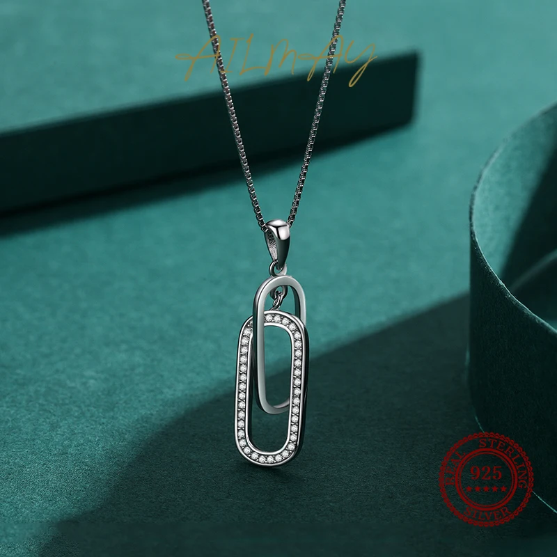 Ailmay 100% 925 Sterling Silver Fashion Rectangle Sparkling CZ Pendant Necklace For Women Statement Jewelry Gift
