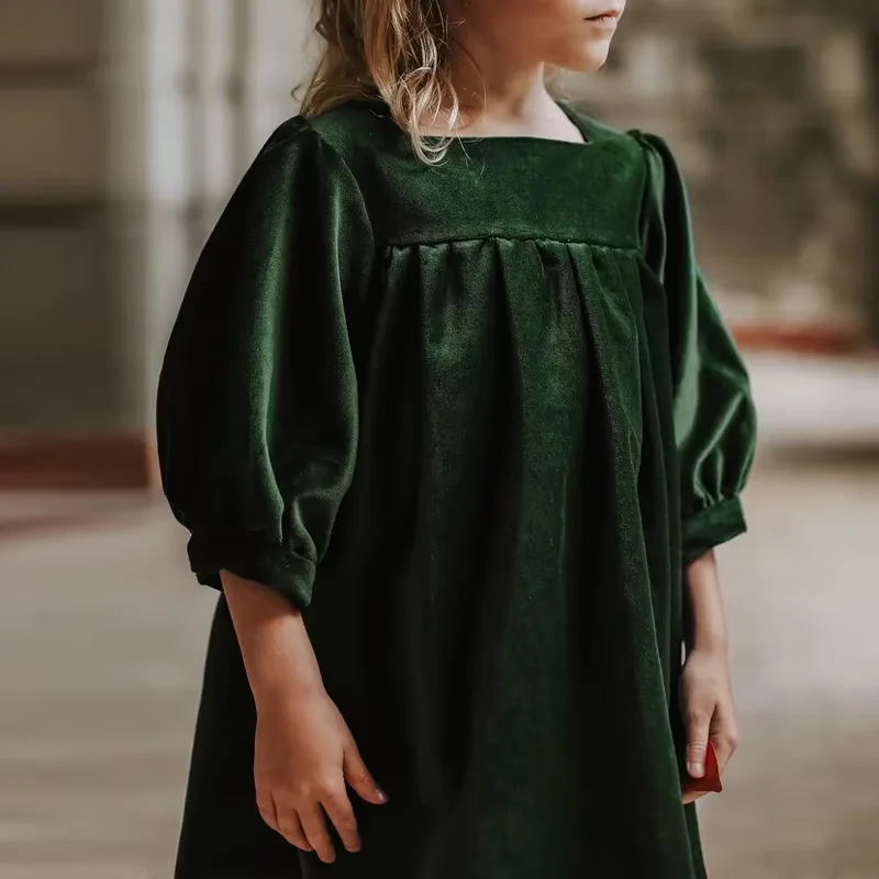 Girls Dress New Retro Velvet Square Neck Solid Color Loose Half Sleeved Ruched Chic Party Vintage Dresses فساتين الأطفال платье