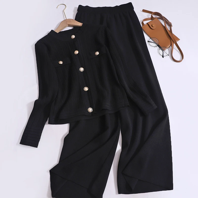 2023 New Fashionable Casual Sports Knitted Two Piece Set Women\'s Single Breasted Round Neck Knit Cardigan + Wide Leg Pants Suits