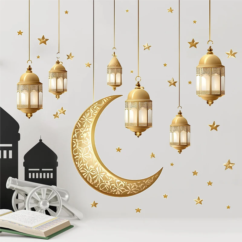 Eid Mubarak Wall Stickers Moon Star Lantern Window Sticker Ramadan Kareem Decoration for Home Living Room Wall Decal Eid Al-Fitr