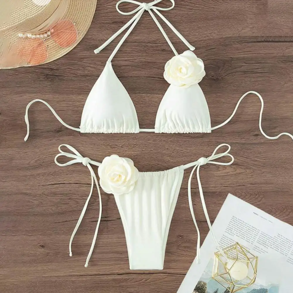 2 Pcs/Set Women Bikini Set Off Shoulder Lace-up Halter Neck Detachable Pads Wireless Soft Fake Flower Decor Women Swimsuit