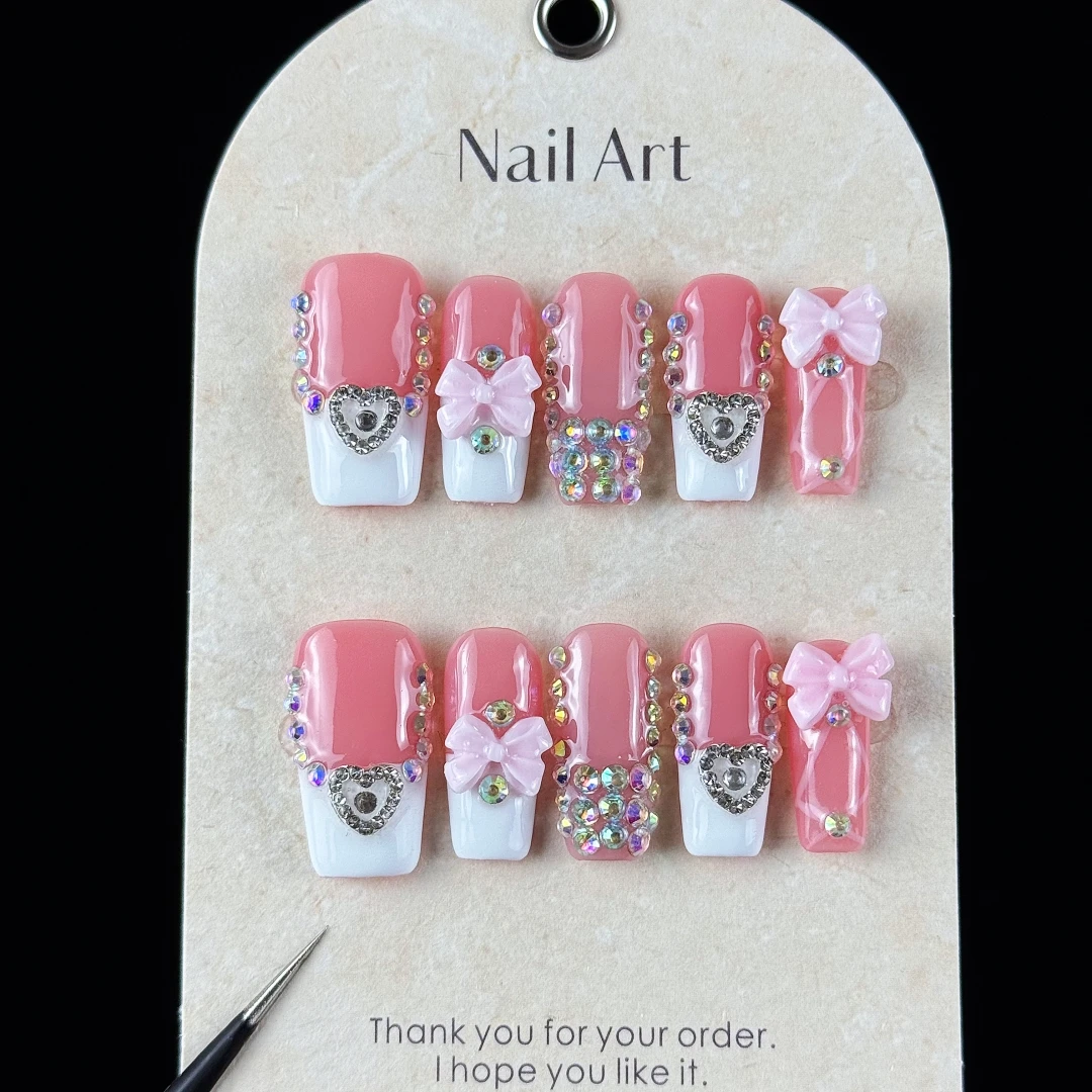 10pcs high-end Sweet girl style, hand-painted three-dimensional bow, hearts, dazzling multi-diamonds handmade fake nails