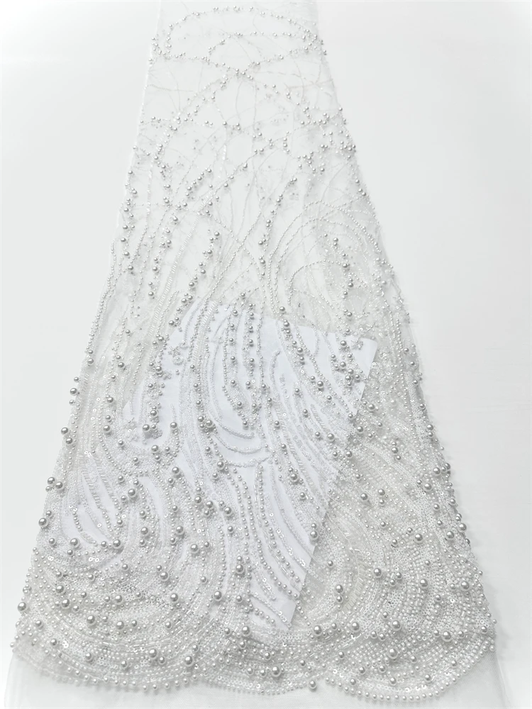 

New Hot Sale Handmade pearl Embroidery Net Lace Beads Sequins Fabric For Women Party Evening Dress Africa Design,High Quality