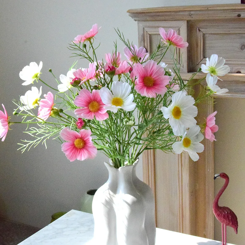 12 Piezas de Flores Artificiales de Seda, Planta de Coreopsis, Decoración Floral para Mesa, Simulación de Flores Blancas de 5 Cabezas, Flores Gesang Decorativas para el Hogar