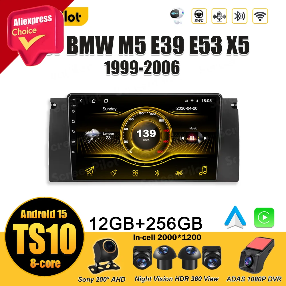 For BMW M5 E39 E53 X5 1999 2000- 2006 Android 15 Multimedia Video Player 2 din Android Auto Mirror Link Touch Screen 8 Core  RDS