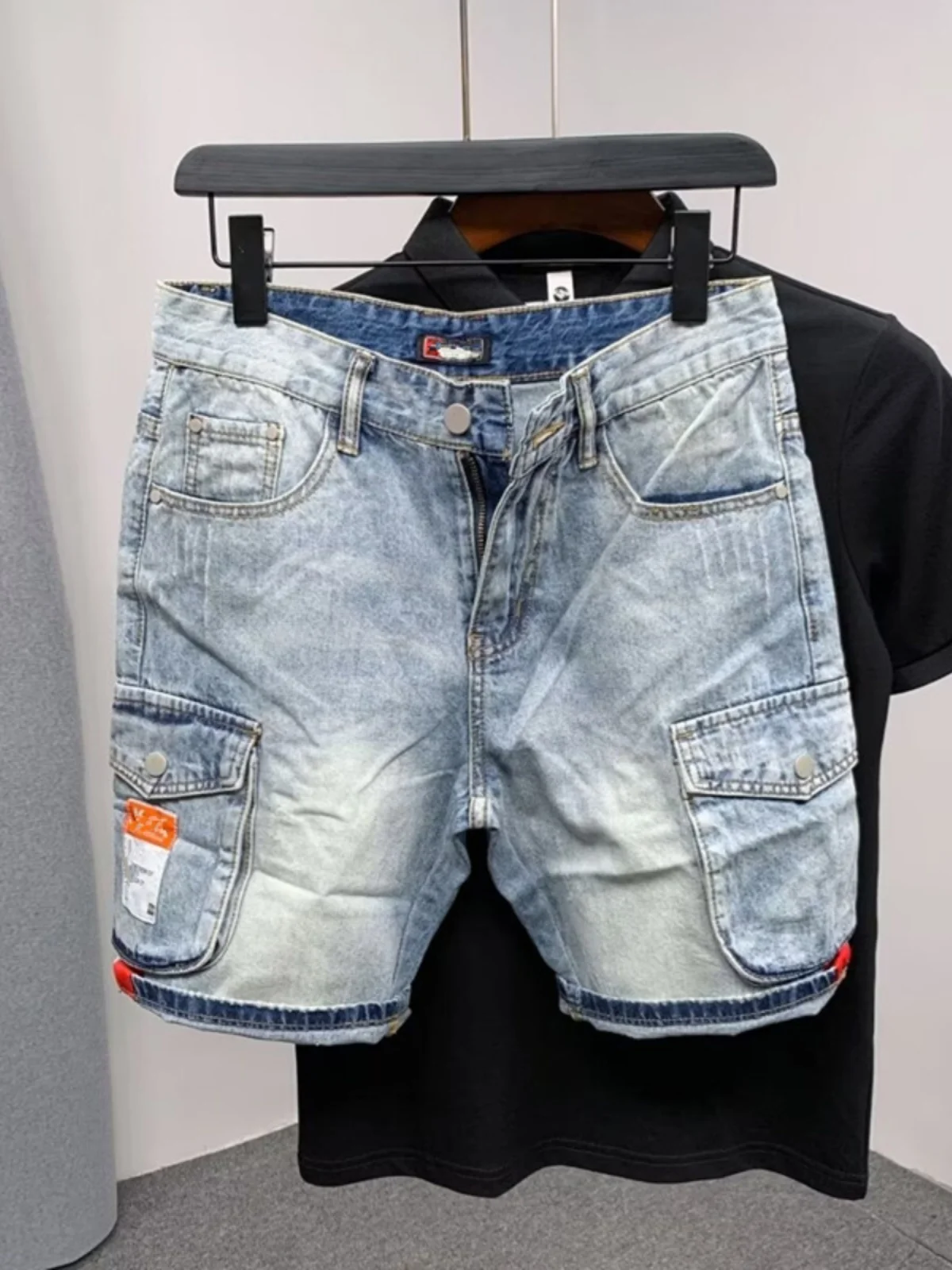 

Мужские джинсы Slim Fit прямого кроя, корейский стиль, тонкие летние рабочие джинсы до колена, повседневные молодежные джинсы с большими карманами