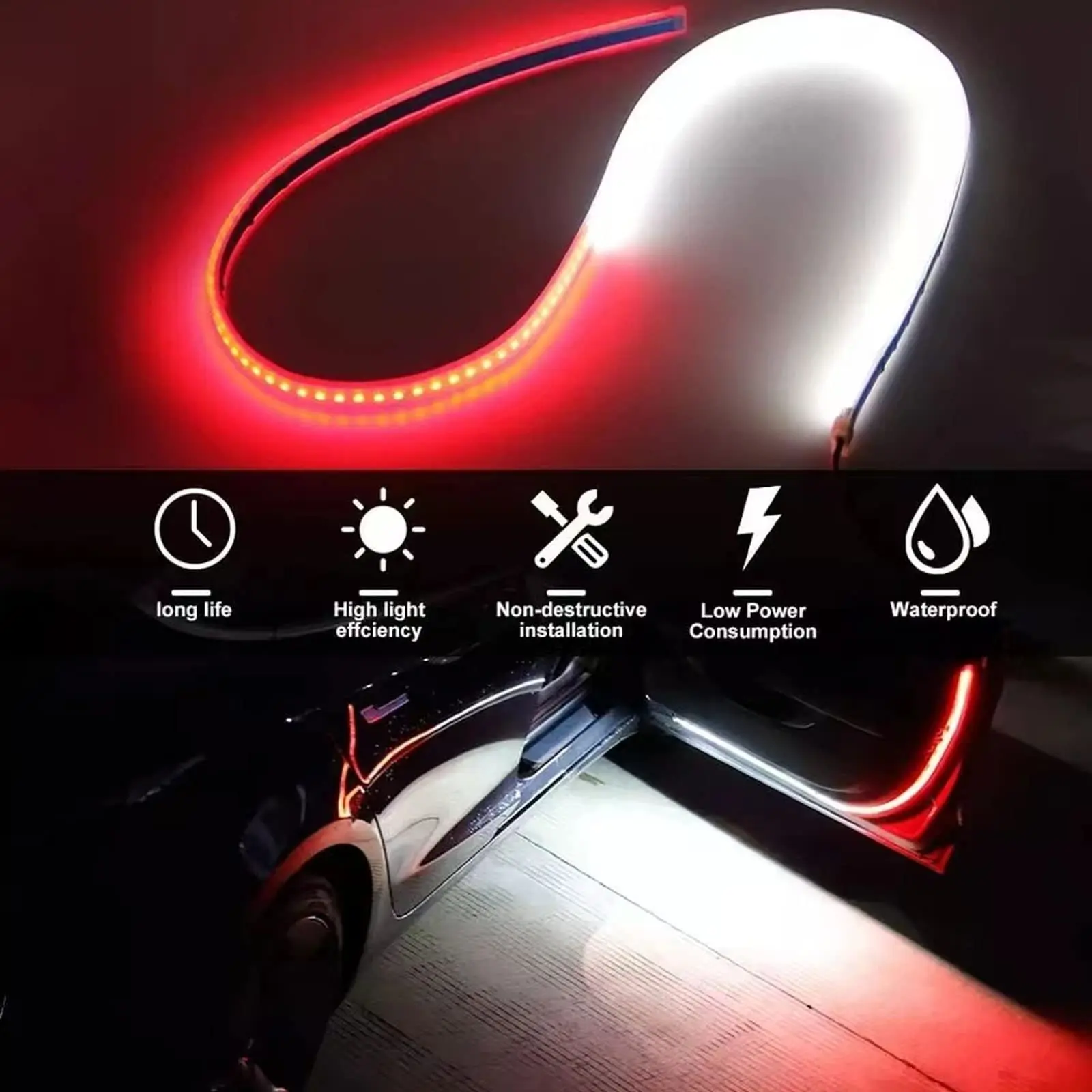 2 Stück 48 Zoll Autotür-LED-Warnstreifen-Licht, flexibel, zweifarbig, weiß, rot, sequentielle Blitzlichter für Anti-Rückend-Kollision – Detail 3