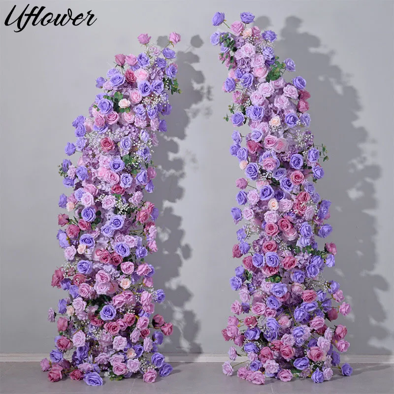 

Uflower Purple Rose Hydrangea Floral Arrangement Decor Horn Wedding Backdrop Floor Flower Row Event Stage Banquet Party Props