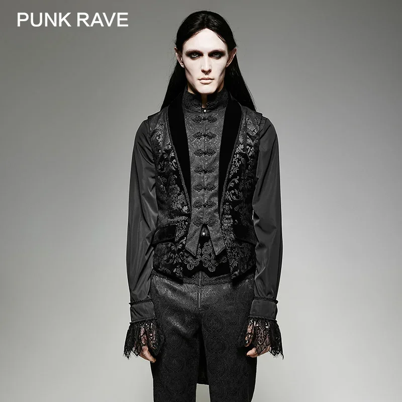 PUNK RAVE Gothic Fake Two Swallow Tail Sleeveless Velveteen Vest Tank Tops Aristocrat Palace Floral Single Breasted Tees Jacket