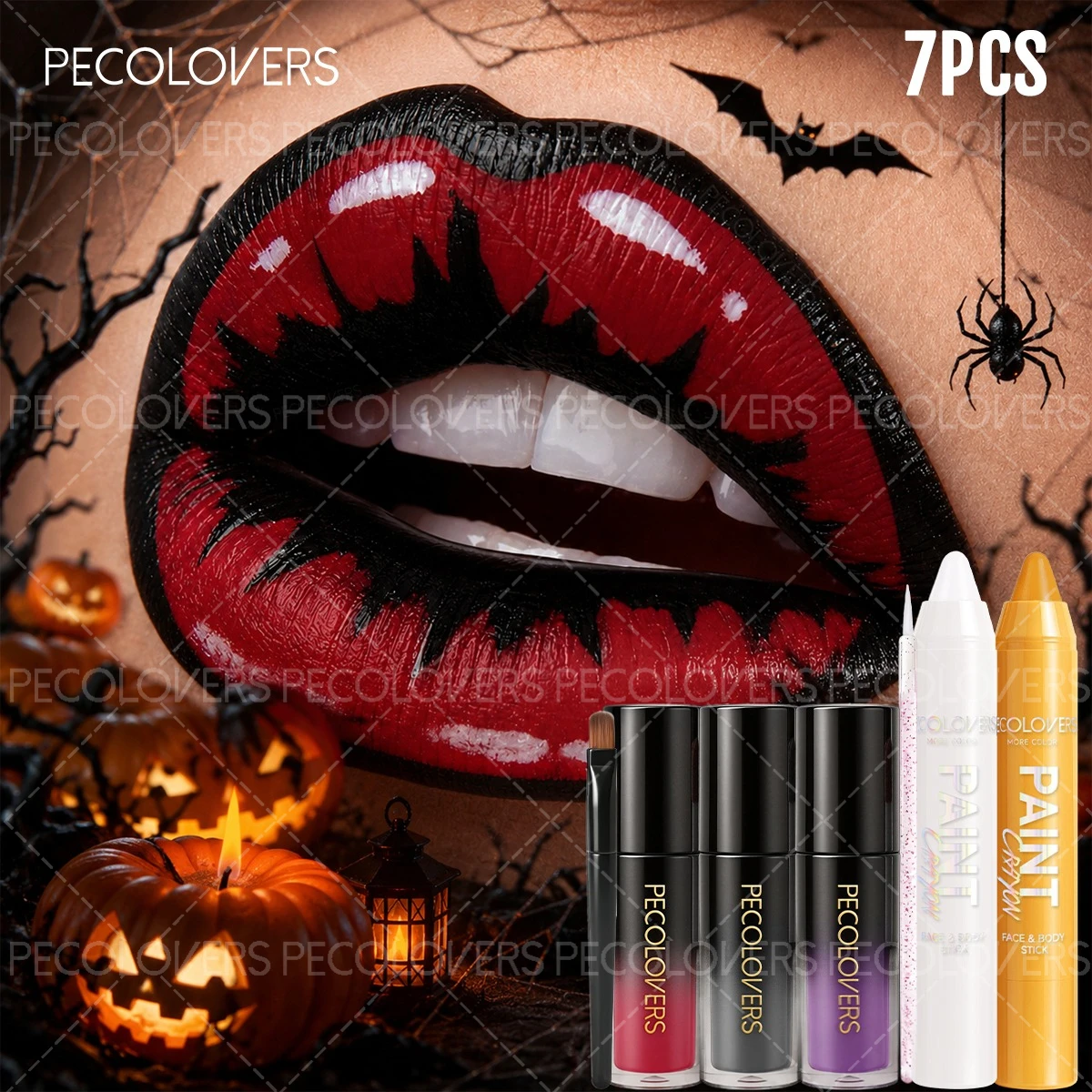7PCS/SET Halloween Face And Lip Paint Set, 2 Paint Pens, 3 Liquid Lip Colors, 1 Detail Brush, 1 Beauty Tool, Quick-Dry Smudge-Proof Formula, Long-Wear Non-Sticky Finish, Great for Spooky Holiday Looks