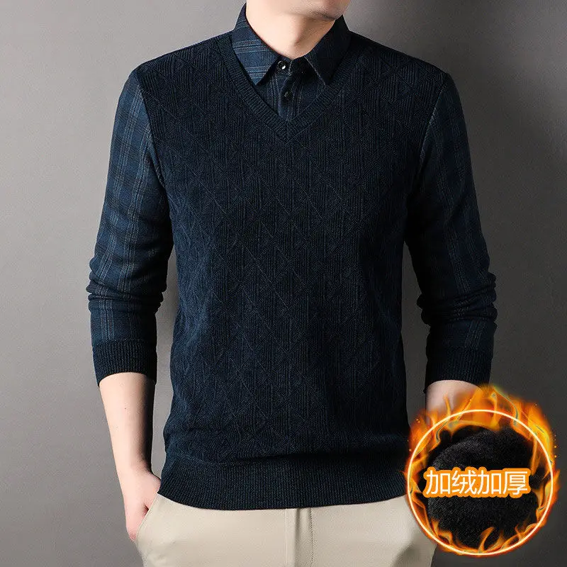 Maglione in ciniglia ispessito in velluto da uomo in due pezzi, colletto della camicia allentato, vestiti caldi, abiti invernali