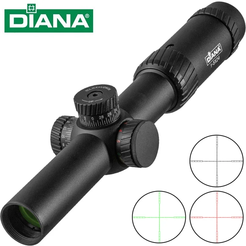 DIANA 1-5X24 Hunting Tactical Optical Rifle Scope with Red Green Illuminated Cross Turret lock Scope Range Airsoft Mirror