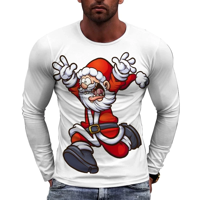 

New European Christmas Picture Men long sleeved T-shirt Casual Printed Tees Hip-hop Personality Round Neck Tops