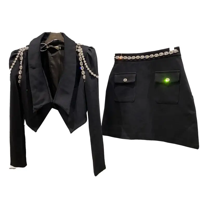 Elegant Lady Skirt Suits 2023 Autumn New Rhinestone Chain Padded Shoulder Suit Short Coat Short Skirt Two-Piece Suit Women