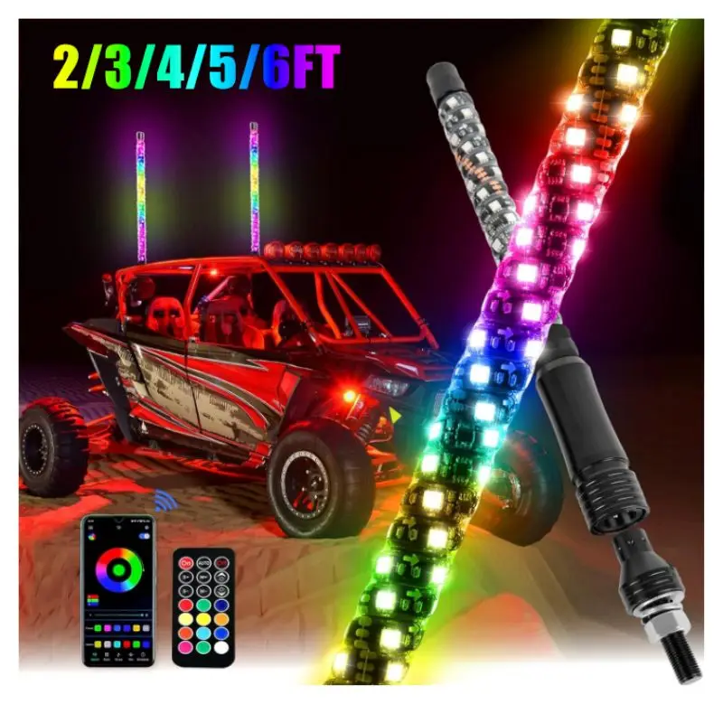 Flexible Led Whip rzr 360 Degree Spiral RGB Antennas Twisted Accessories Remote LED Whip Lights 3/4/5/6 FT for UTV Off- Road ATV